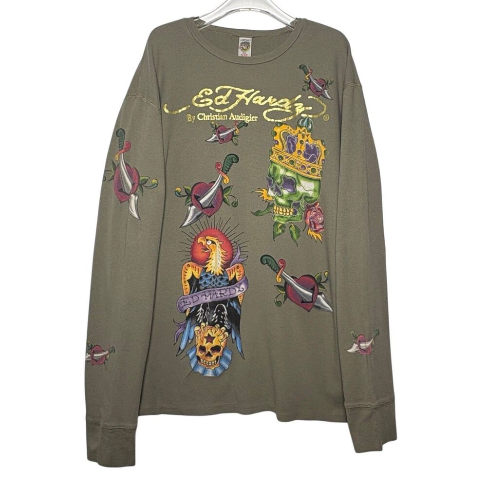 Ed Hardy by Christian Audigier Men's XXL Long Sleeve Thermal Top Made In USA Y2K